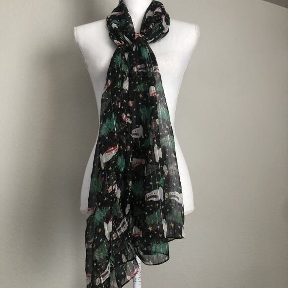 Cejon Christmas Tree Snowman Scarf Wrap Oversized Chiffon Black Silver #MQ25 - Picture 3 of 7